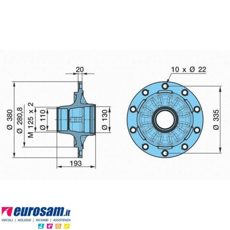 Mozzo ruota assale Bpw sistema Eco 6,5-9 ton serie HS HZ SKH calotta int. M125x2 con cuscinetto Oe quality