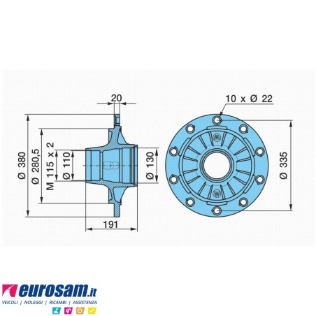 Mozzo ruota con cuscinetti e calotta Oe quality assale Bpw 6,5-9 Ton serie HS HZ sistema convenzionale H. centr. Cerchi mm. 22 c