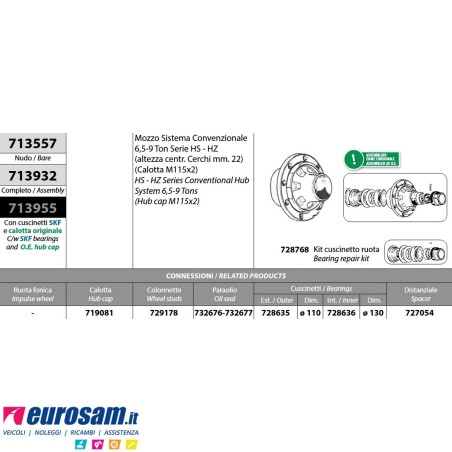 Mozzo ruota nudo assale Bpw 6,5-9 Ton serie HS HZ sistema convenzionale H. centr. Cerchi mm. 22 calotta m115x2