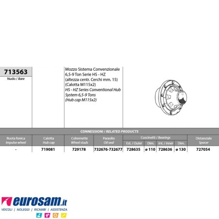 Mozzo ruota nudo assale Bpw 6,5-9 Ton serie HS HZ sistema convenzionale H. centr. Cerchi mm. 15 calotta m115x2