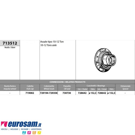 Mozzo ruota nudo Acerbi Fruehauf assale tipo 10/12 Ton