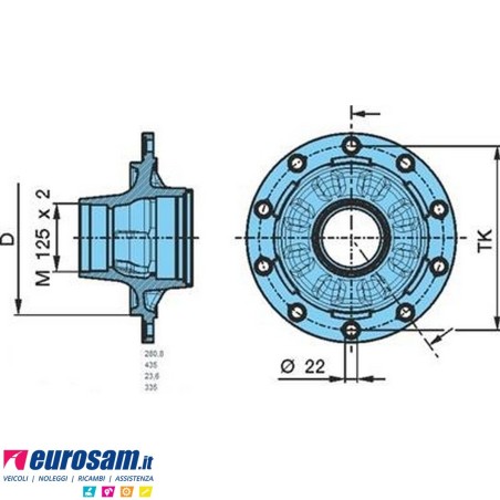 Mozzo ruota assale Bpw 10-12 Ton assale sistema convenzionale serie HS HZ altezza centr. Cerchi m22 calotta 125x2 con cuscinetti