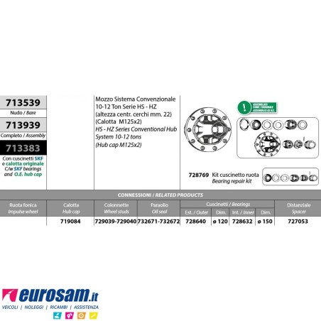 Mozzo ruota assale Bpw 10-12 Ton assale sistema convenzionale serie HS HZ altezza centr. Cerchi m22 calotta 125x2 con cuscinetti