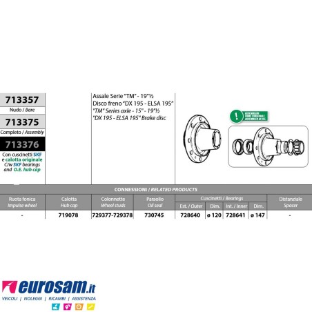 Mozzo ruota nudo assali Meritor R.o.r. serie "TM" -19''1/2 impianto frenante dx195 elsa 195 8 fori