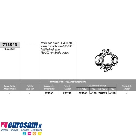 Mozzo ruota nudo rimorchio Cardi ruote gemellate massa frenante mm 180/200