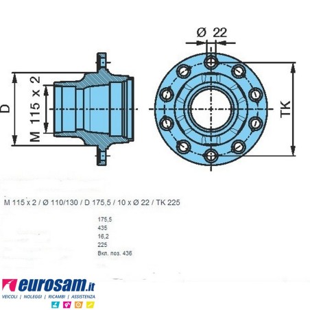 Mozzo ruota nudo assale Bpw sistema convenzionale 6-9 ton serie NRS NRZ NHS NHZ calotta m115x2