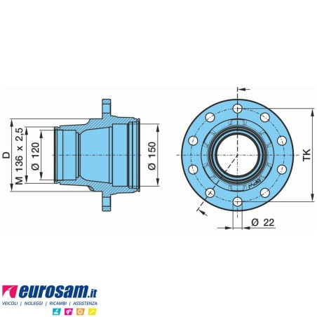 Mozzo ruota completo assale Bpw sistema Eco Plus 10-12 ton serie K  con cuscinetti e calotta Oe quality