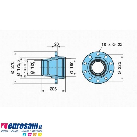 Mozzo ruota completo assale Bpw sistema Eco Maxx 10-12 ton serie K NZ calotta m136x2,5