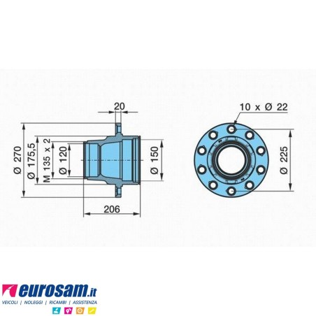 Mozzo ruota nudo assale Bpw sistema Eco 10-12 ton serie K NZ calotta m135x2