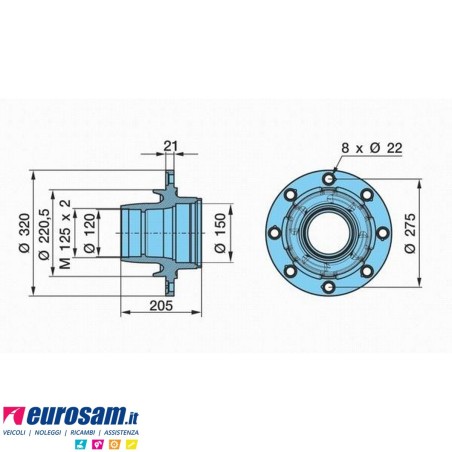 Mozzo ruota nudo assale Bpw sistema convenzionale 10-12 ton serie K calotta m125x2 8 fori