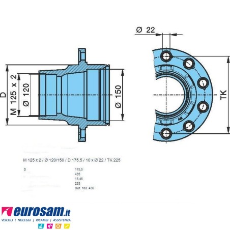 Mozzo ruota nudo assale Bpw sistema convenzionale 10-12 ton serie K calotta m125x2 10 fori
