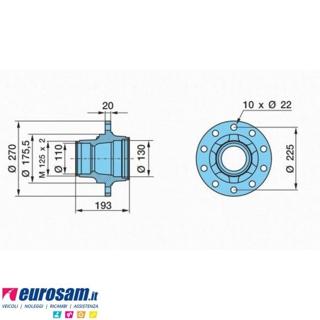 Mozzo ruota completo assale Bpw sistema Eco Maxx 6,4-8-9 ton serie K NS NZ calotta m125x2