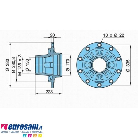 Mozzo ruota nudo assale Bpw sistema convenzionale 13-14 ton serie HS HZ calotta m135x3