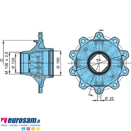 Mozzo ruota completo assale Bpw sistema Eco Plus 10-12 ton serie HS HZ SHS calotta int. M136x2,5