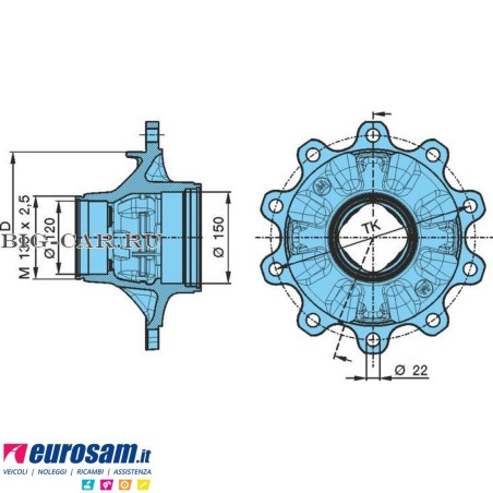 Mozzo ruota assale Bpw sistema Eco Maxx 10-12 ton serie HSF HZF SHS calotta int. M136x2,5 con cuscinetti e calotta Oe quality