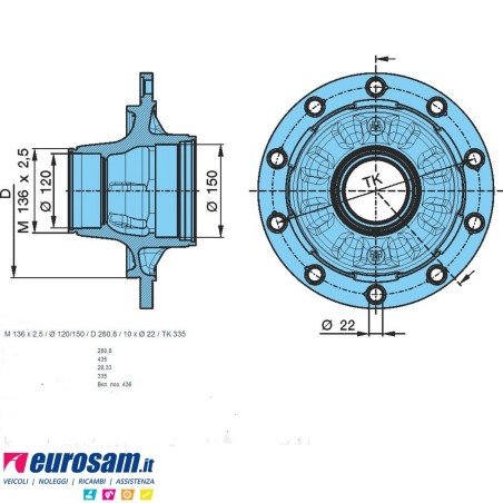 Mozzo ruota assale Bpw sistema Eco 10-12 ton serie HS HZ calotta m136x2,5 con cuscinetti e calotta Oe quality