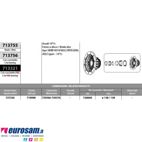 Mozzo ruota completo assale Saf 19"1/2 freno a disco tipo SKRB9019/9022 integrale cuscinetti oe quality