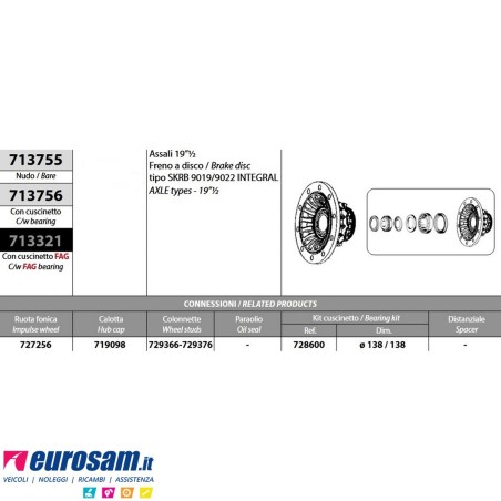 Mozzo ruota completo assale Saf 19"1/2 freno a disco tipo SKRB9019/9022 integrale
