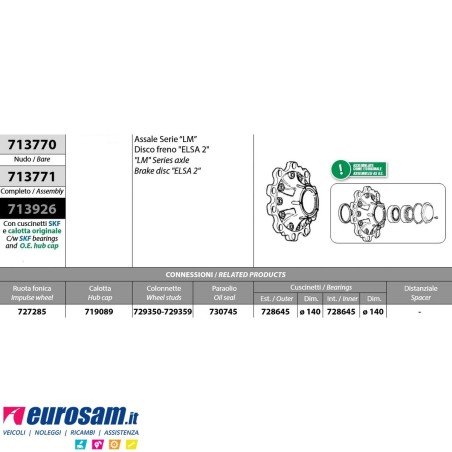 Mozzo ruota completo assale Meritor R.o.r. serie LM impianto frenante Elsa 2 con cuscinetti e calotta Oe quality