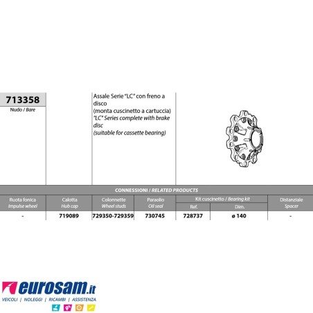 Mozzo ruota nudo assale Meritor R.o.r. serie LC con freno a disco - monta cuscinetto a cartuccia