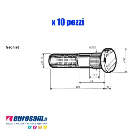 Colonnetta ruota m22x1,5 lunghezza 109 Meritor R.o.r. serie TA TC gemellato confezione 10 pezzi