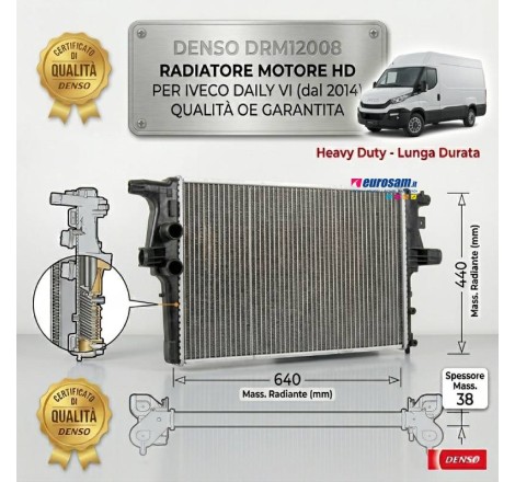 Radiatore raffreddamento motore Denso DRM12008 per Iveco Daily VI dal 2014 - Dimensioni 640x440x38mm qualità OE