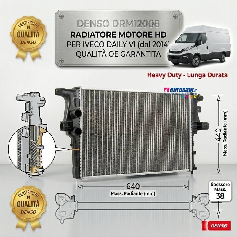 Radiatore raffreddamento motore Denso DRM12008 per Iveco Daily VI dal 2014 - Dimensioni 640x440x38mm qualità OE