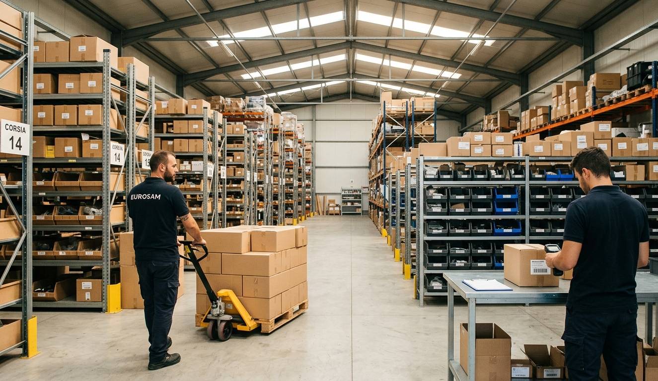 Interno del magazzino Eurosam a Veroli: logistica e spedizione ricambi per veicoli industriali.